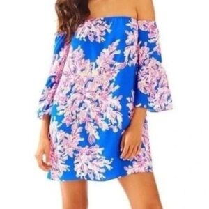 Lilly Pulitzer Sanilla Silk Off Shoulder Dress Blue Coral Resort Vacation Small